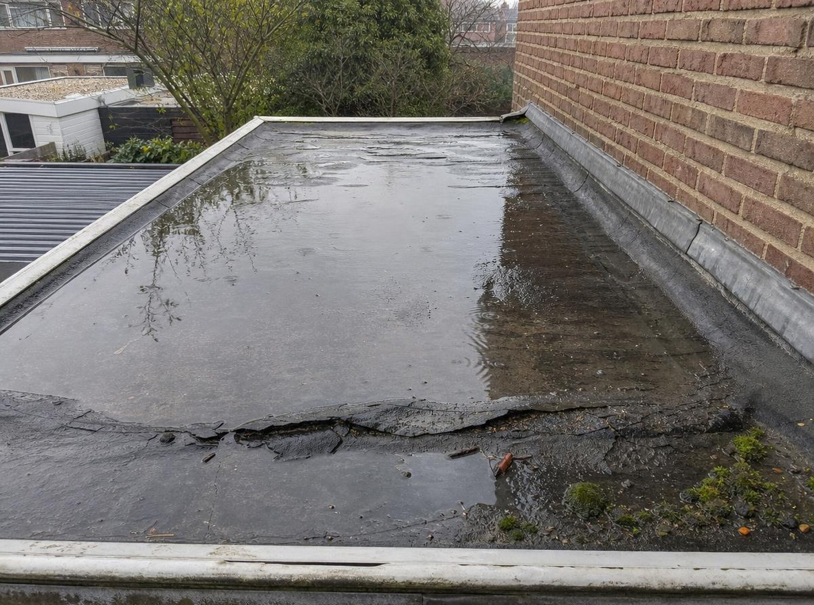 Oud plat dak na regen, met een plas water en een gescheurde naad langs de dakrand