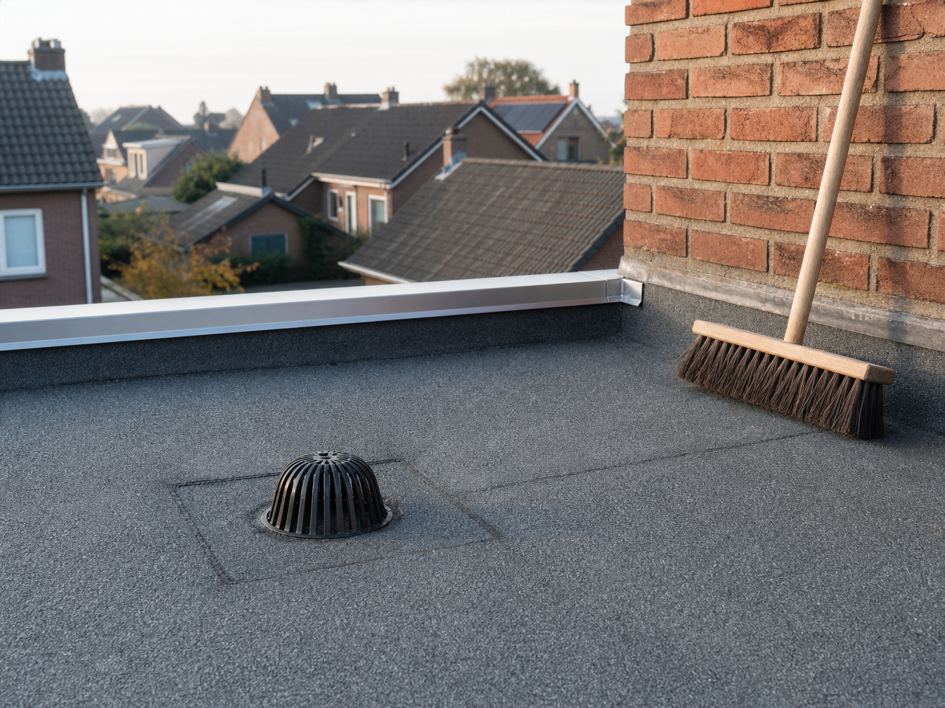 Schoon plat dak met bitumen dakbedekking, een daktrim en een vrije afvoer